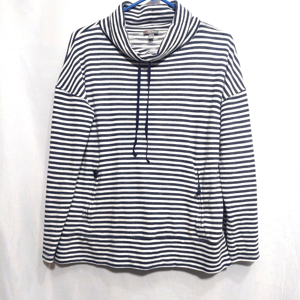 Talbots Womens MP Striped Cowl Neck Pullover Sweatshirt Front Pockets Casual